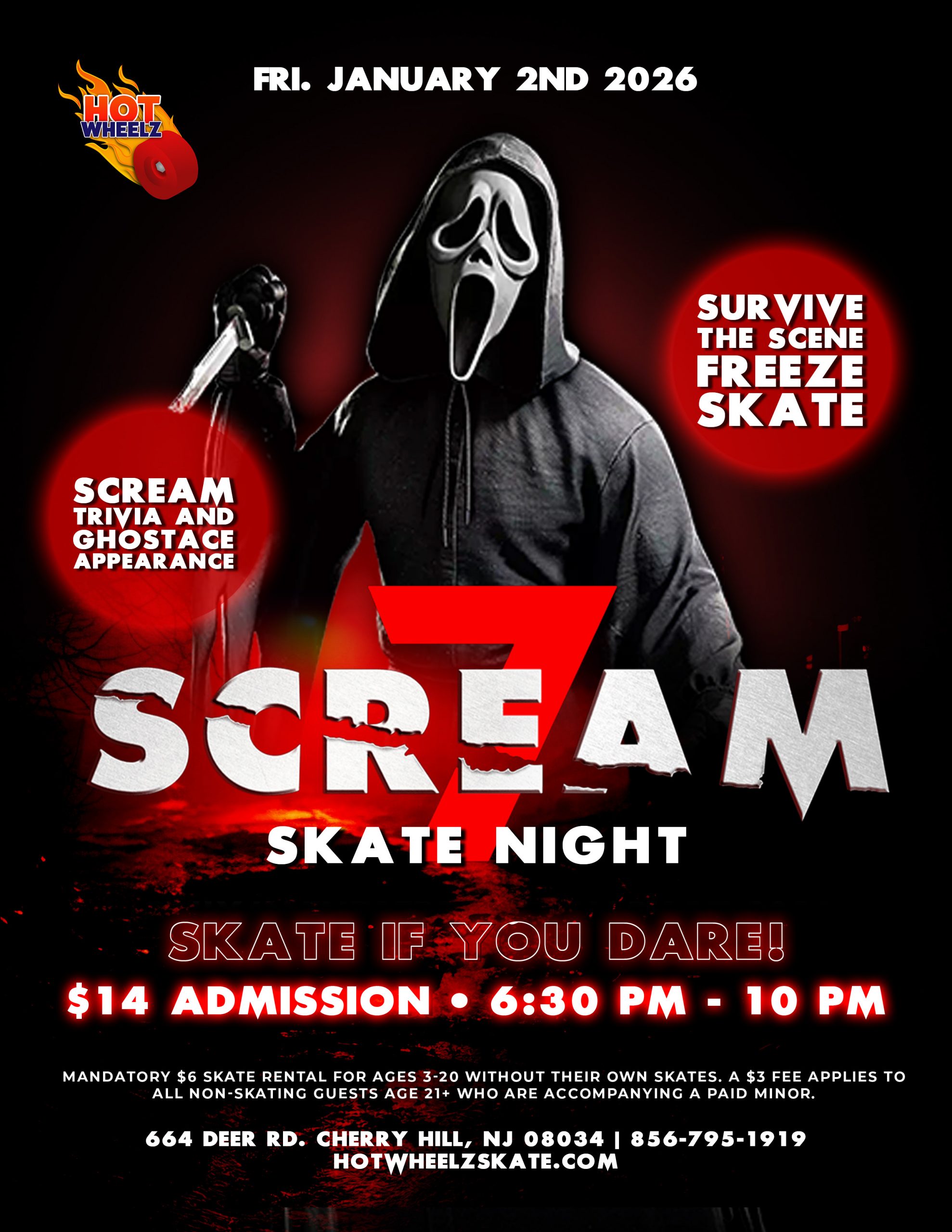 #HotWheelz #CherryHillNJ #ScreamNight #HorrorFans #TeenNightNJ #RollerSkating #ThingsToDoWithKidsNearMe #GhostfaceAppearance #FreezeSkate #NJEvents